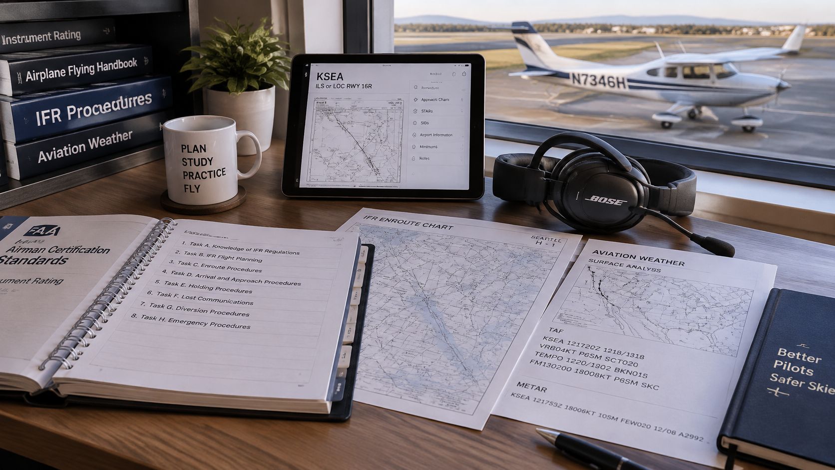 How to Pass the FAA Instrument Rating Knowledge Test 2 An aviation-themed desk with flight manuals, a tablet displaying an instrument approach chart, and pilot headset.