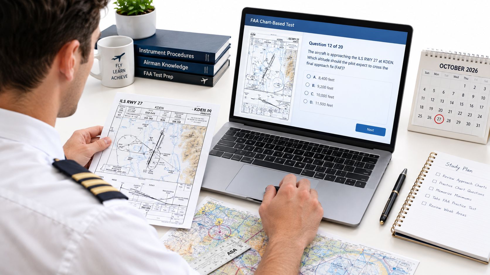 How to Pass the FAA Instrument Rating Knowledge Test 4 A pilot studying for the FAA instrument rating knowledge test using a laptop, approach charts, and manuals.