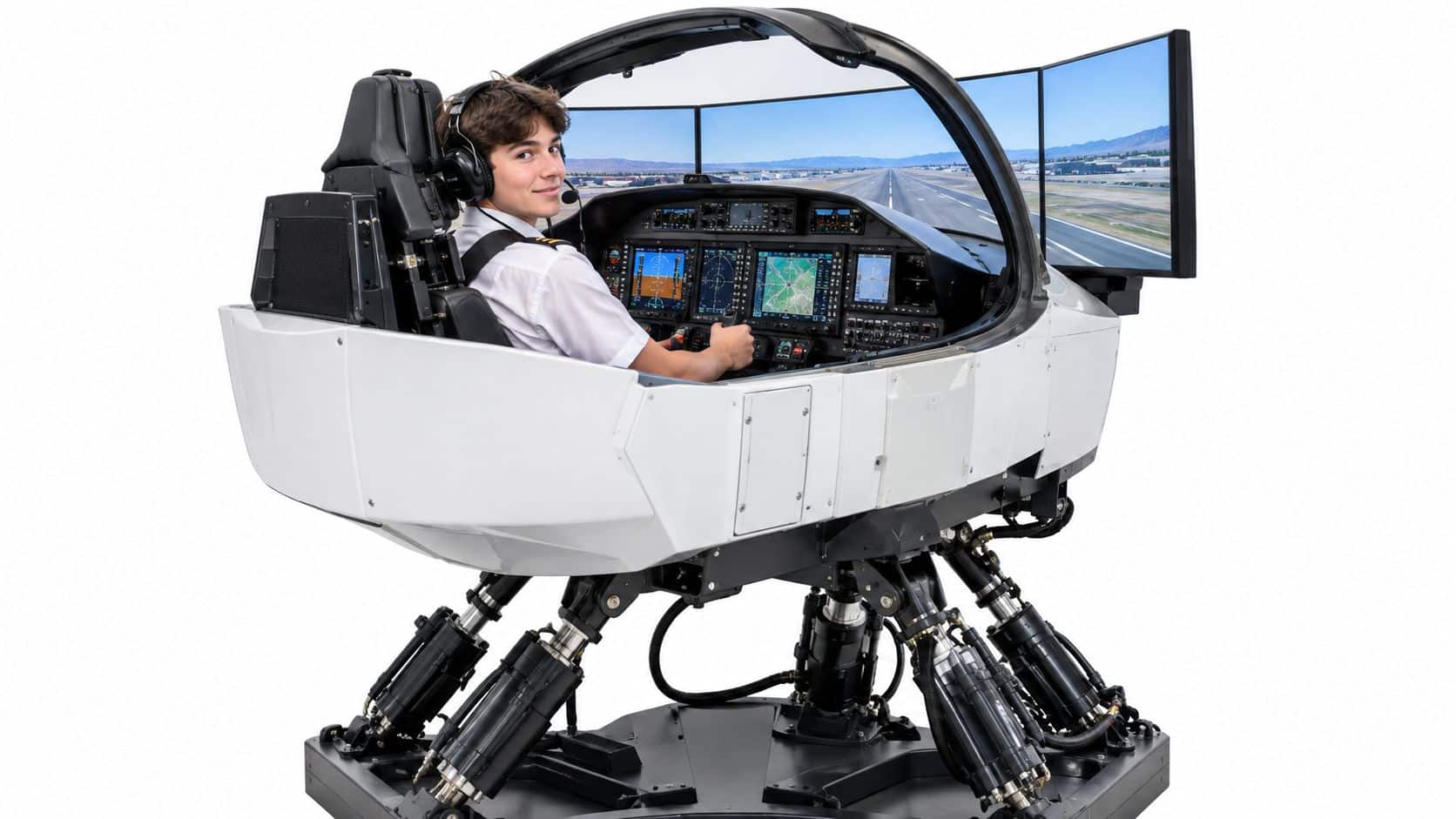 Full Motion Aircraft Simulator Training Guide 2 A young male pilot sitting in a full motion aircraft simulator cockpit training on flight displays.