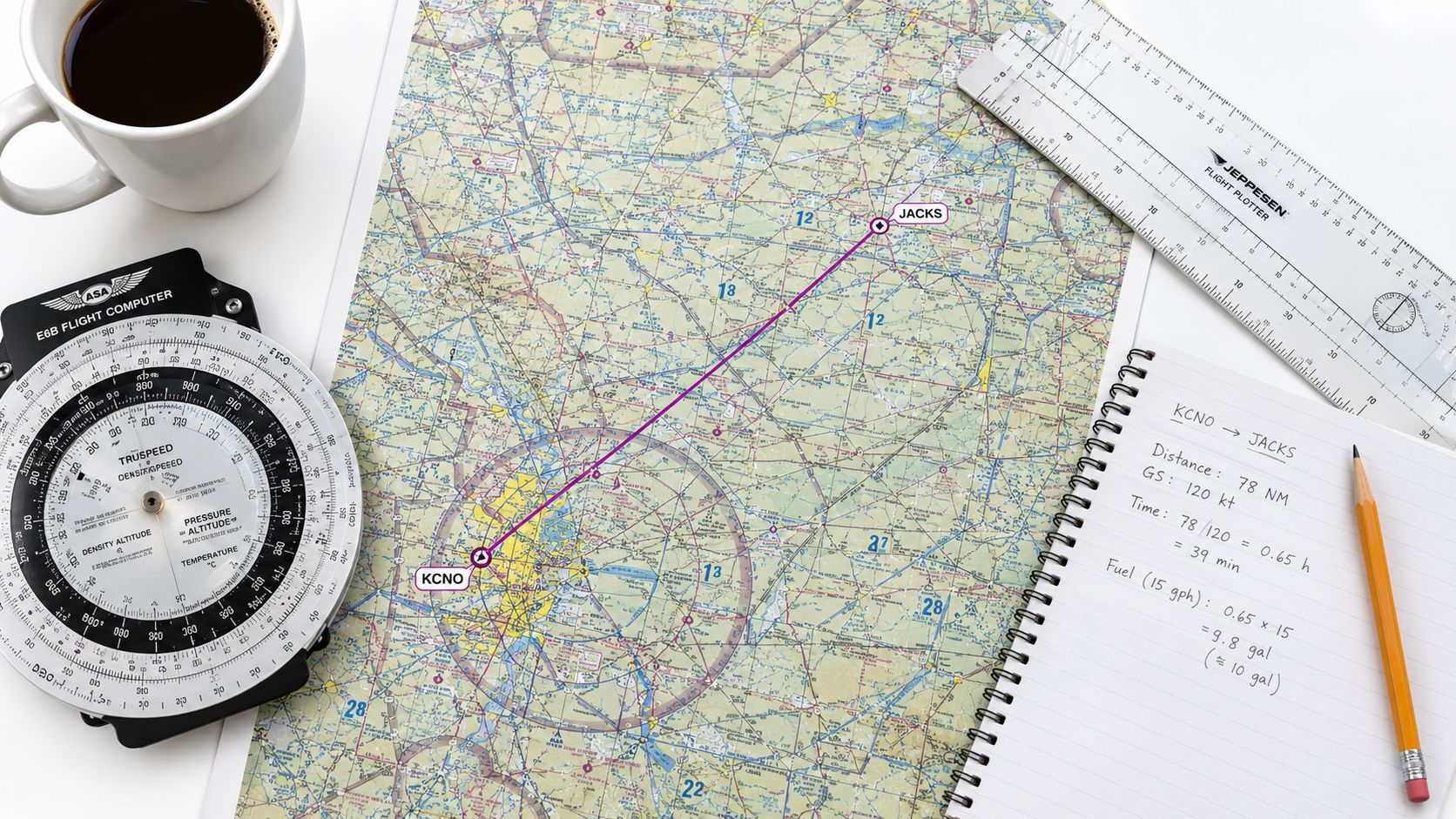 How to Use a Flight Computer E6B: A Pilot's Guide 3 An aerial navigation planning setup featuring an aviation map, E6B flight computer, plotter, and handwritten flight calculations.