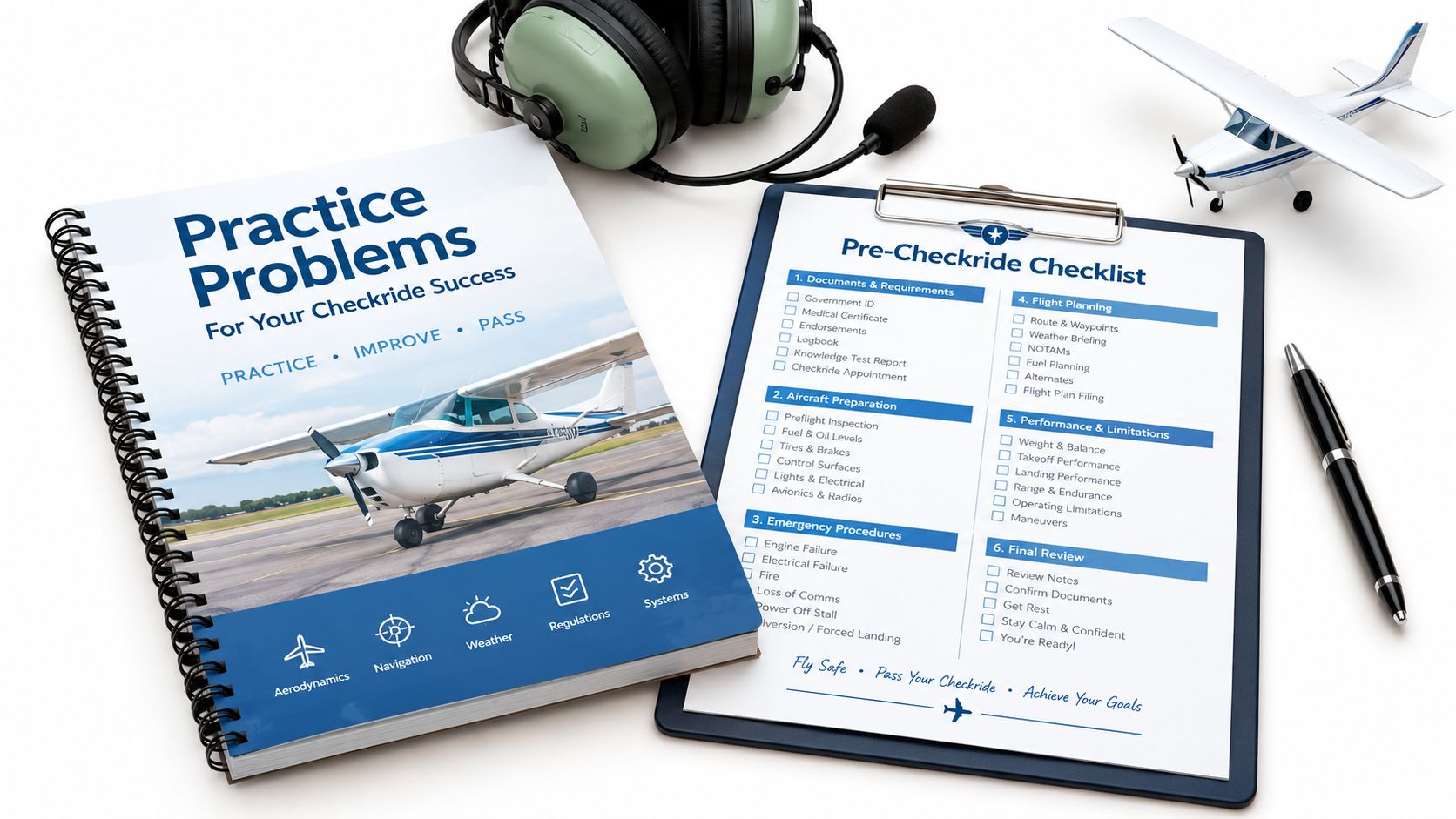 How to Use a Flight Computer E6B: A Pilot's Guide 5 A spiral-bound study book and a pre-checkride checklist clipboard with aviation headphones and a model plane.