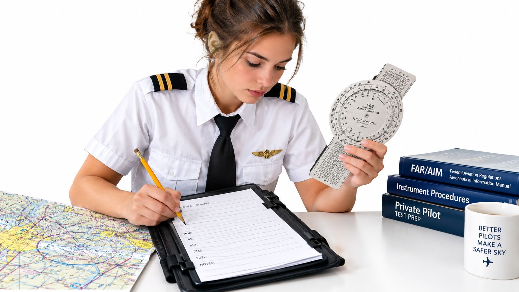 How to Use a Flight Computer E6B: A Pilot's Guide 4 A female pilot student sitting at a desk studying with an E6B flight computer and navigation map.