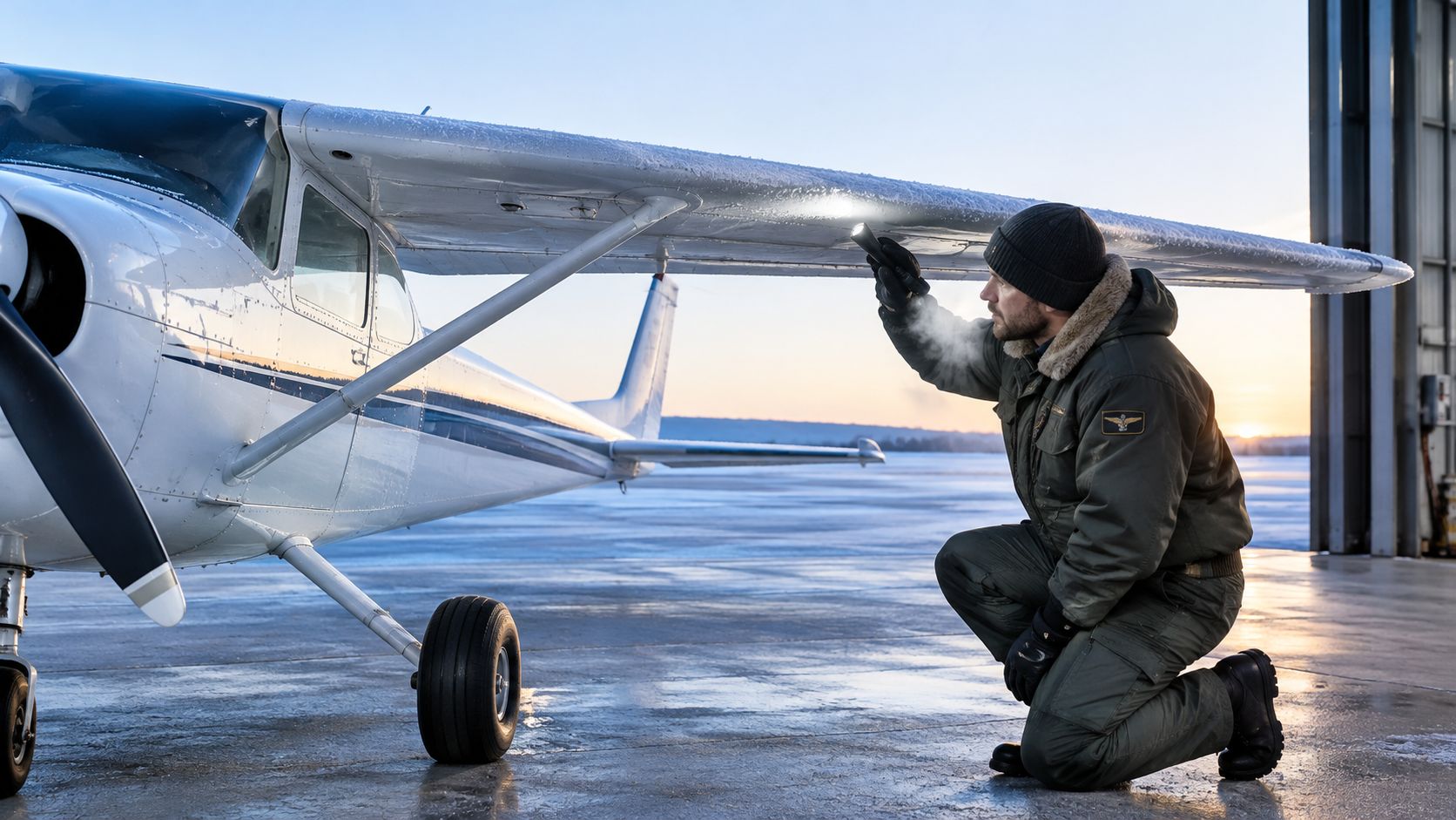 Icing Conditions Explained for Student and Private Pilots 2 A pilot inspects ice formation on an aircraft wing with a flashlight during cold winter conditions.