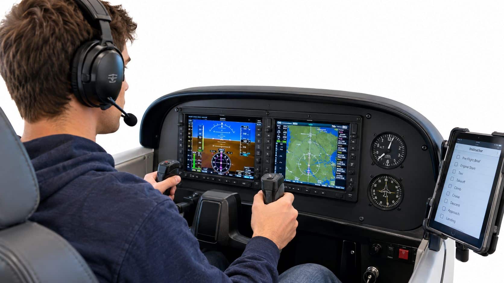 Instrument Rating Lesson Plans: Syllabi and Stage Checks 3 A student pilot using a flight simulator cockpit with digital displays and a tablet for instruction.