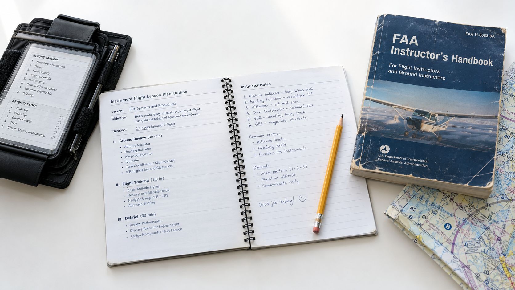 Instrument Rating Lesson Plans: Syllabi and Stage Checks 2 A flight instructor's lesson plan notebook, checklist, manual, and map on a white desk.
