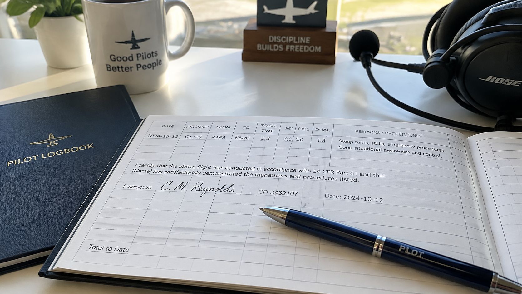 Instrument Rating Lesson Plans: Syllabi and Stage Checks 4 A pilot logbook open on a desk with a pen, coffee mug, and aviation headset nearby.