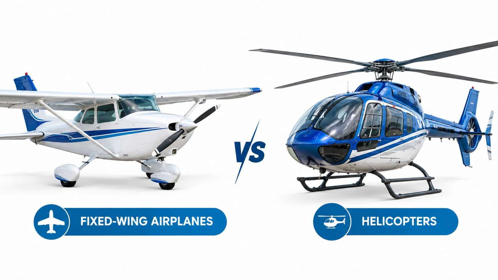 Left Turning Tendencies Explained for Pilots 2 A side-by-side comparison showing a white fixed-wing airplane and a blue helicopter against a white background.