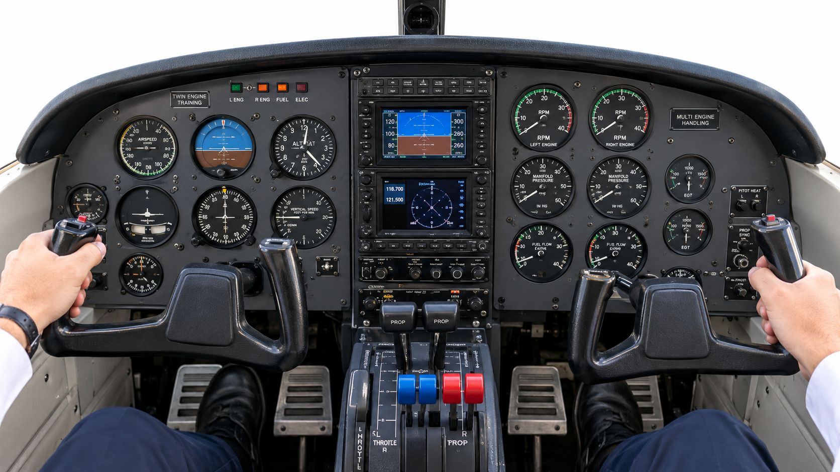 Multi Engine Instrument Rating: Requirements and Hours 2 A view from the pilot's perspective of a small aircraft cockpit with flight instruments and controls.
