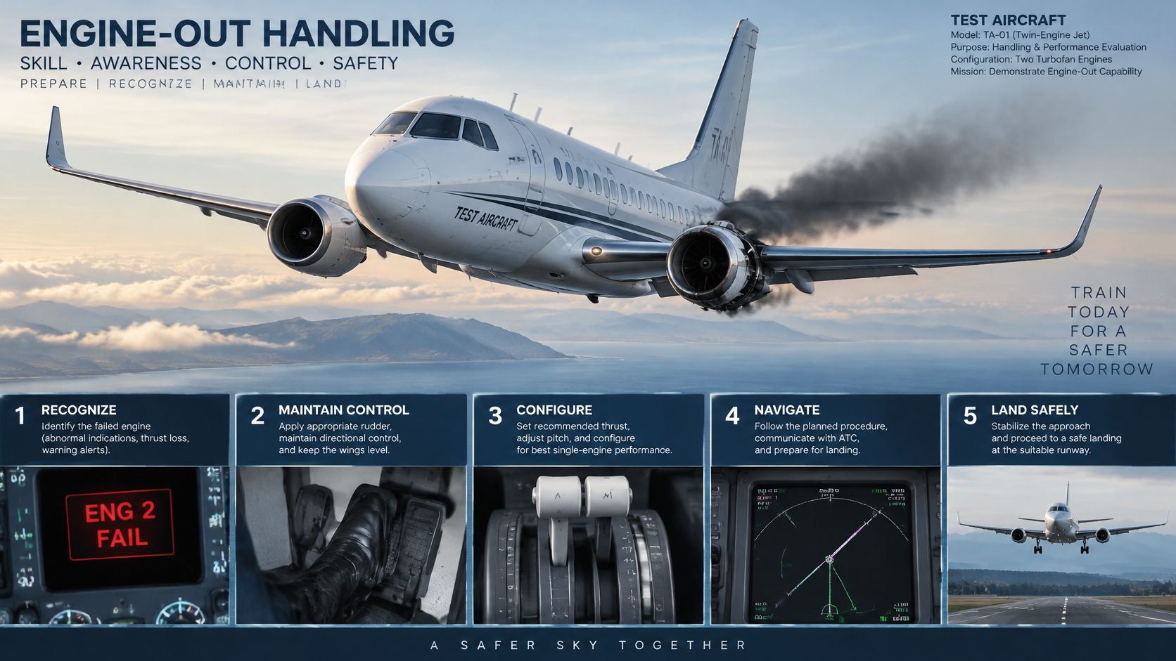 Multi Engine Instrument Rating: Requirements and Hours 3 A diagram illustrating engine-out emergency procedures for a multi-engine aircraft in flight, showing five essential safety steps.