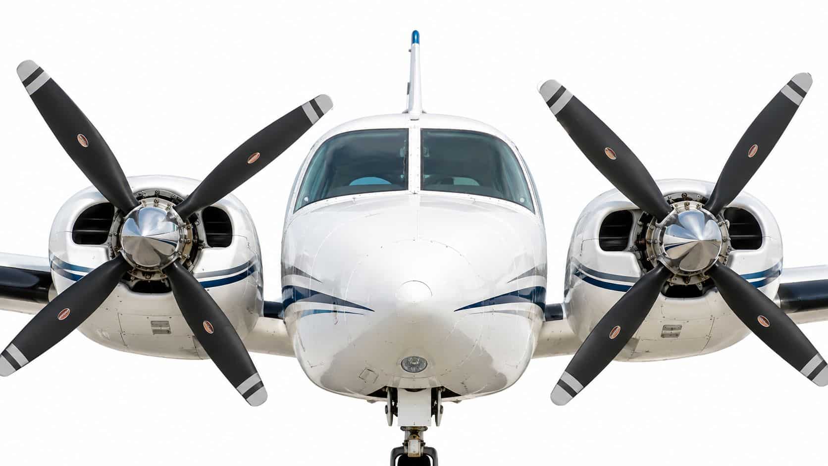 Pa 44 Aircraft 3 Front view of a white twin-engine Piper PA-44 aircraft isolated on a plain white background.