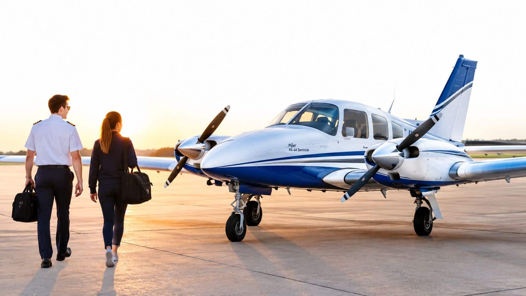 Pa 44 Aircraft 2 A pilot and a student pilot walking toward a Piper PA-44 Seminole light aircraft at sunset.