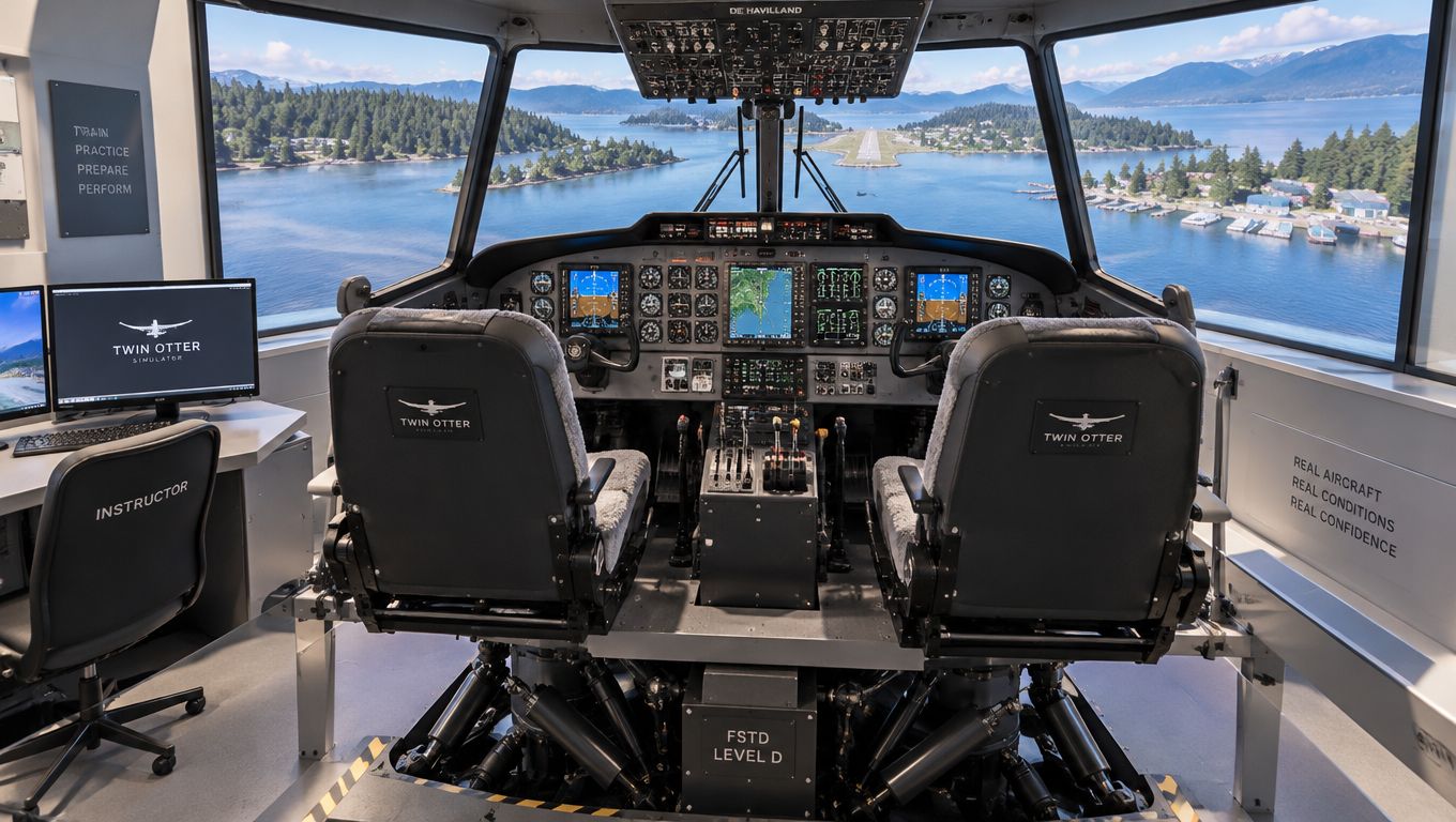 Pacific Sky Aviation Guide for Pilots and Students 4 A professional Twin Otter flight simulator cockpit with two seats and advanced digital displays overlooking a scenic bay.
