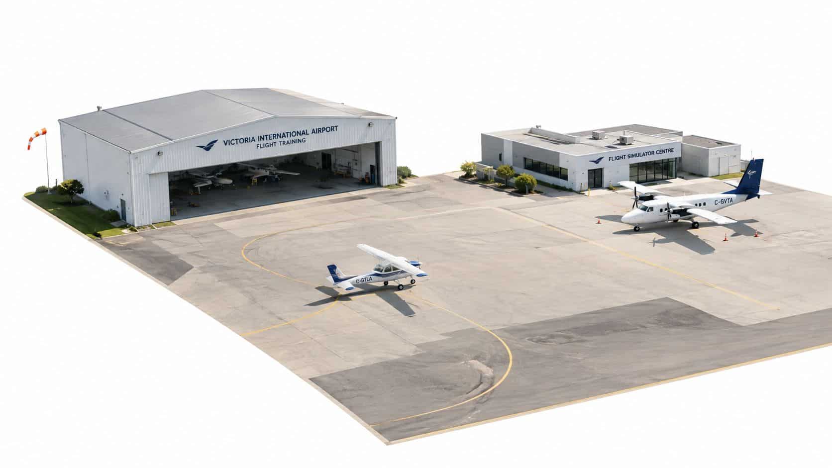 Pacific Sky Aviation Guide for Pilots and Students 2 An aerial view of the Pacific Sky Aviation facility at Victoria International Airport with training aircraft parked outside.