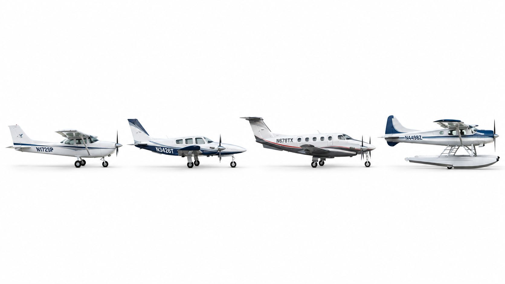 Pacific Sky Aviation Guide for Pilots and Students 3 A line of four different light aircraft, including single-engine planes and a seaplane, against white background.