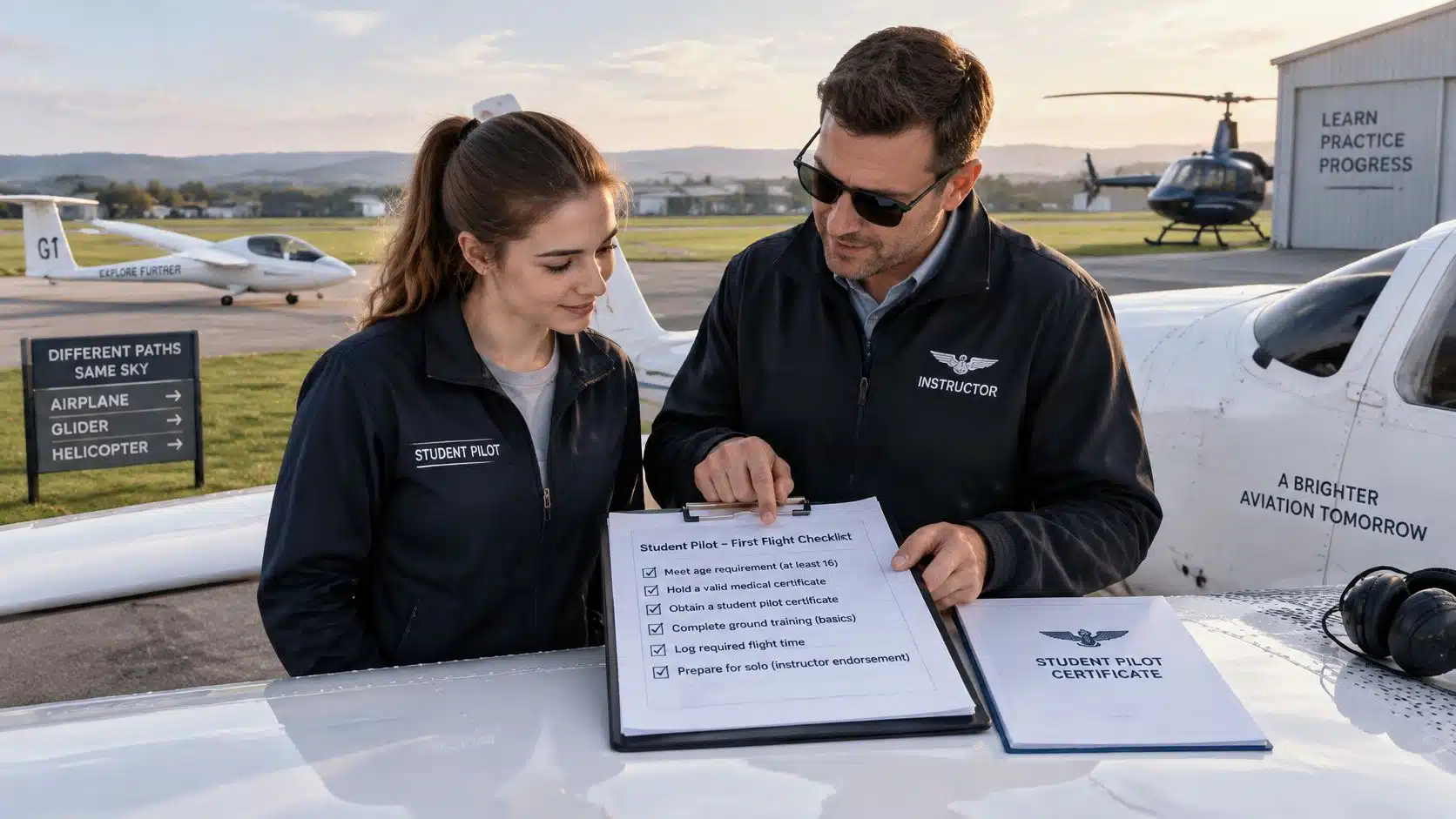 Pilot School Requirements: What You Need Before Day One 2 A flight instructor reviewing a student pilot checklist with a student at a sunny airfield with planes.