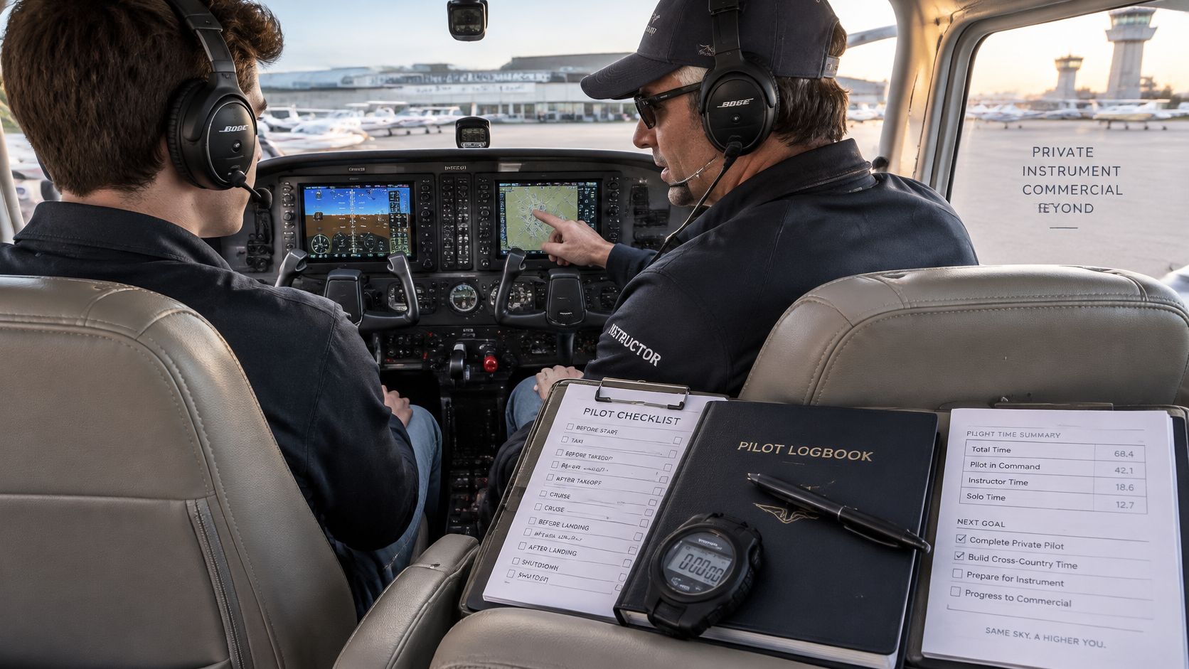 Pilot School Requirements: What You Need Before Day One 3 A flight instructor teaching a student pilot inside the cockpit of a small airplane during training.