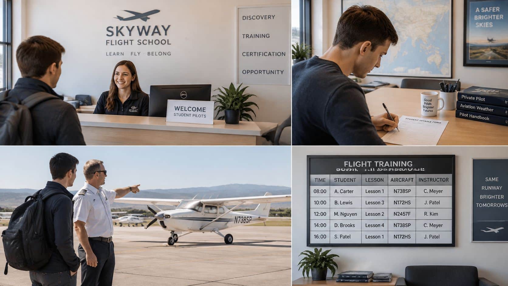 Pilot School Requirements: What You Need Before Day One 4 A collage showing students interacting with instructors and filling out paperwork at a professional flight school.