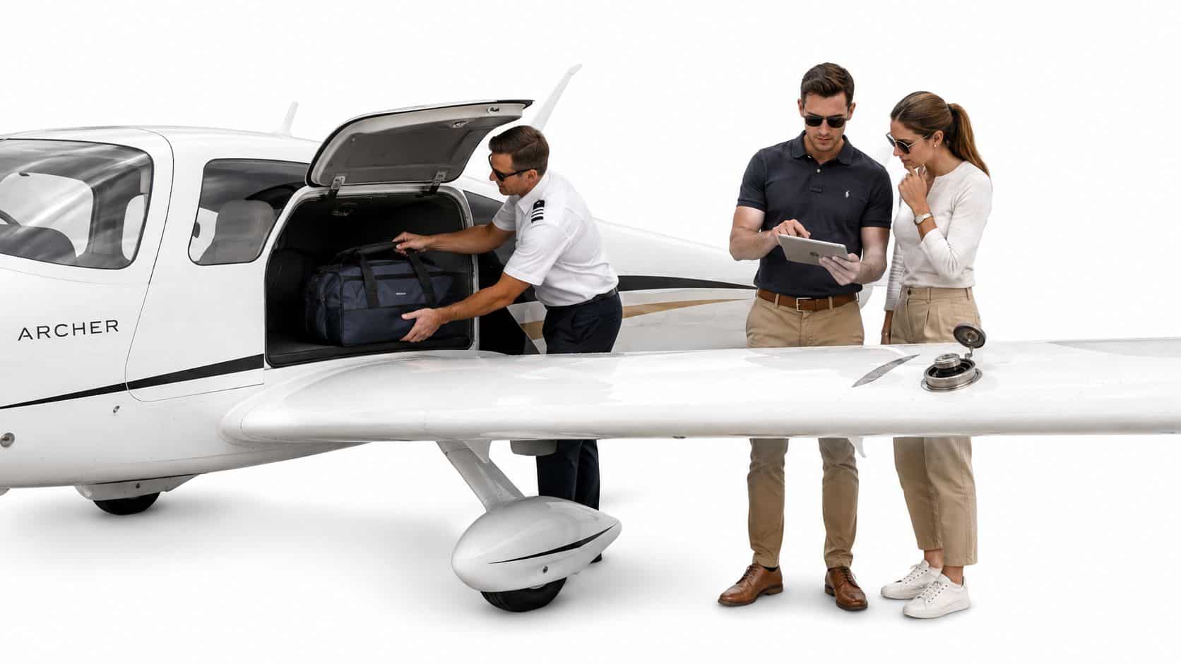 Piper Archer Specifications: Pilot Reference 4 A pilot loading luggage into a small white Piper Archer aircraft while a couple looks at a tablet.