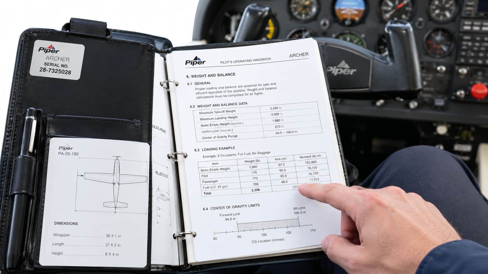 Piper Archer Specifications: Pilot Reference 2 A pilot holding a Piper Archer operating handbook showing weight and balance calculations inside an aircraft cockpit.