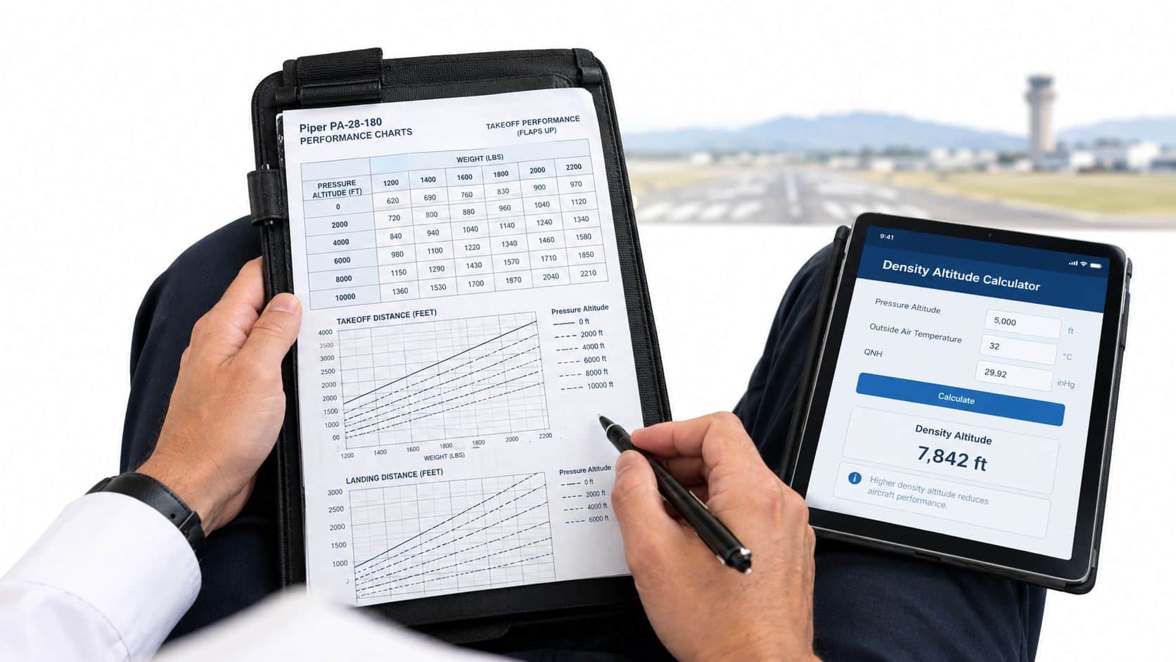 Piper Archer Specifications: Pilot Reference 5 A pilot holding a clipboard with Piper PA-28-180 performance charts and using a tablet for density altitude calculations.