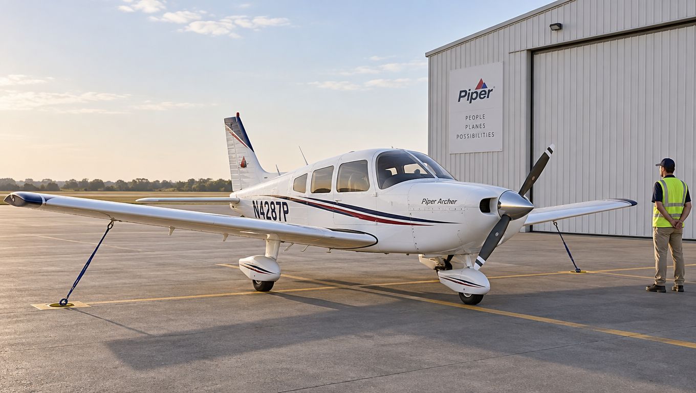 Piper Archer Specifications: Pilot Reference 3 A Piper Archer small private airplane parked on a concrete apron in front of a hangar.