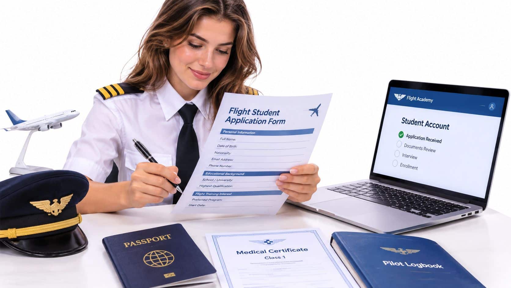 Prerequisites for Pilot Training You Should Know First 2 A female pilot in uniform reviews a flight student application form at a desk with pilot documents.