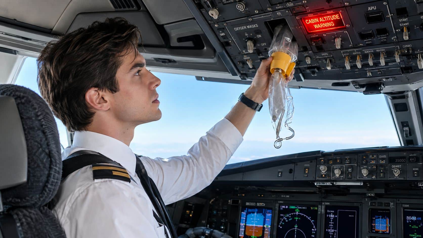 Pressurization System: A Pilot's Complete Guide 2 A professional airline pilot in a cockpit holding an oxygen mask during a cabin altitude warning emergency.