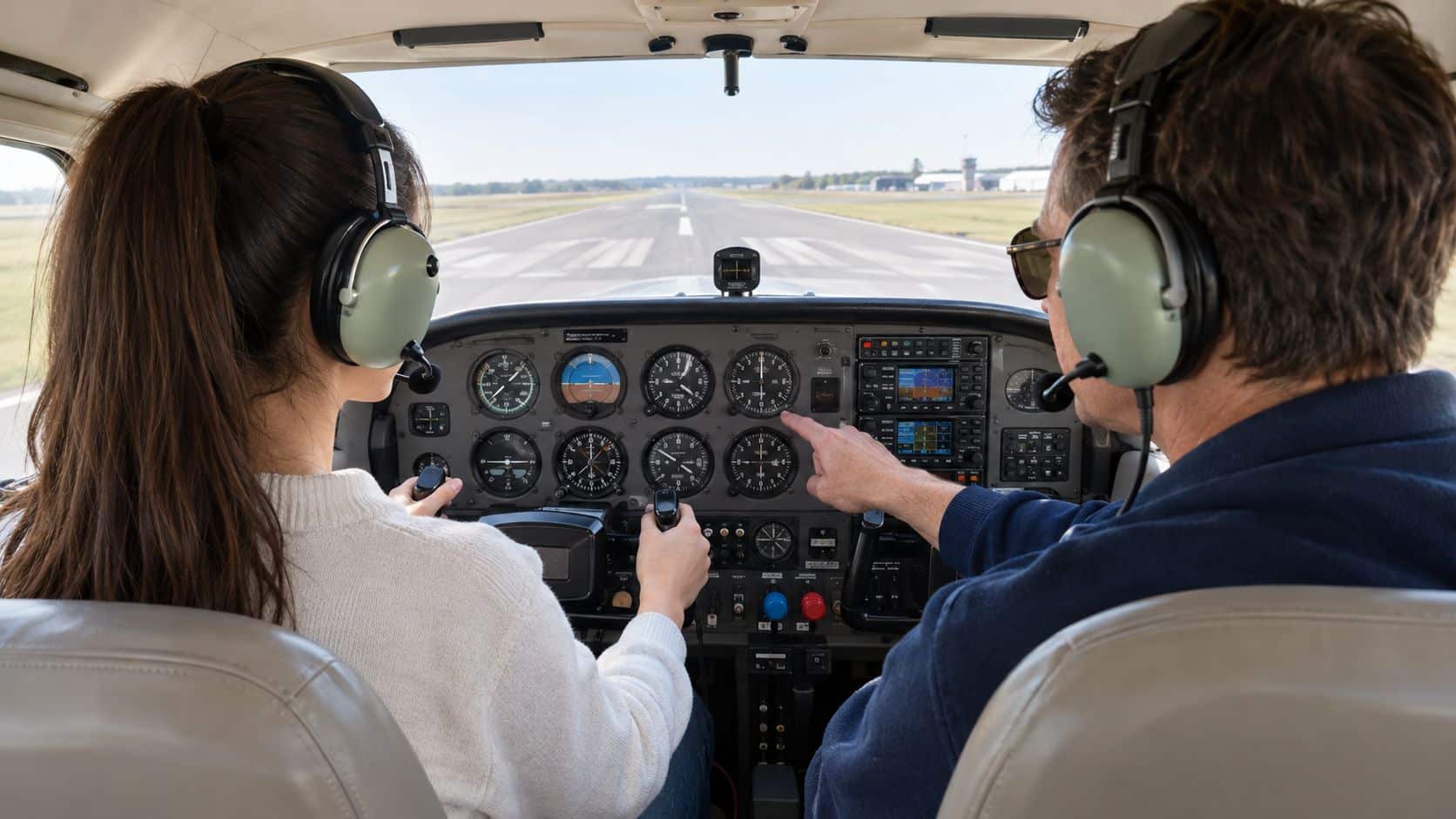 Private Pilot License Requirements: What You Actually Need 2 A student pilot and instructor inside a cockpit, practicing pre-flight checks on a runway.