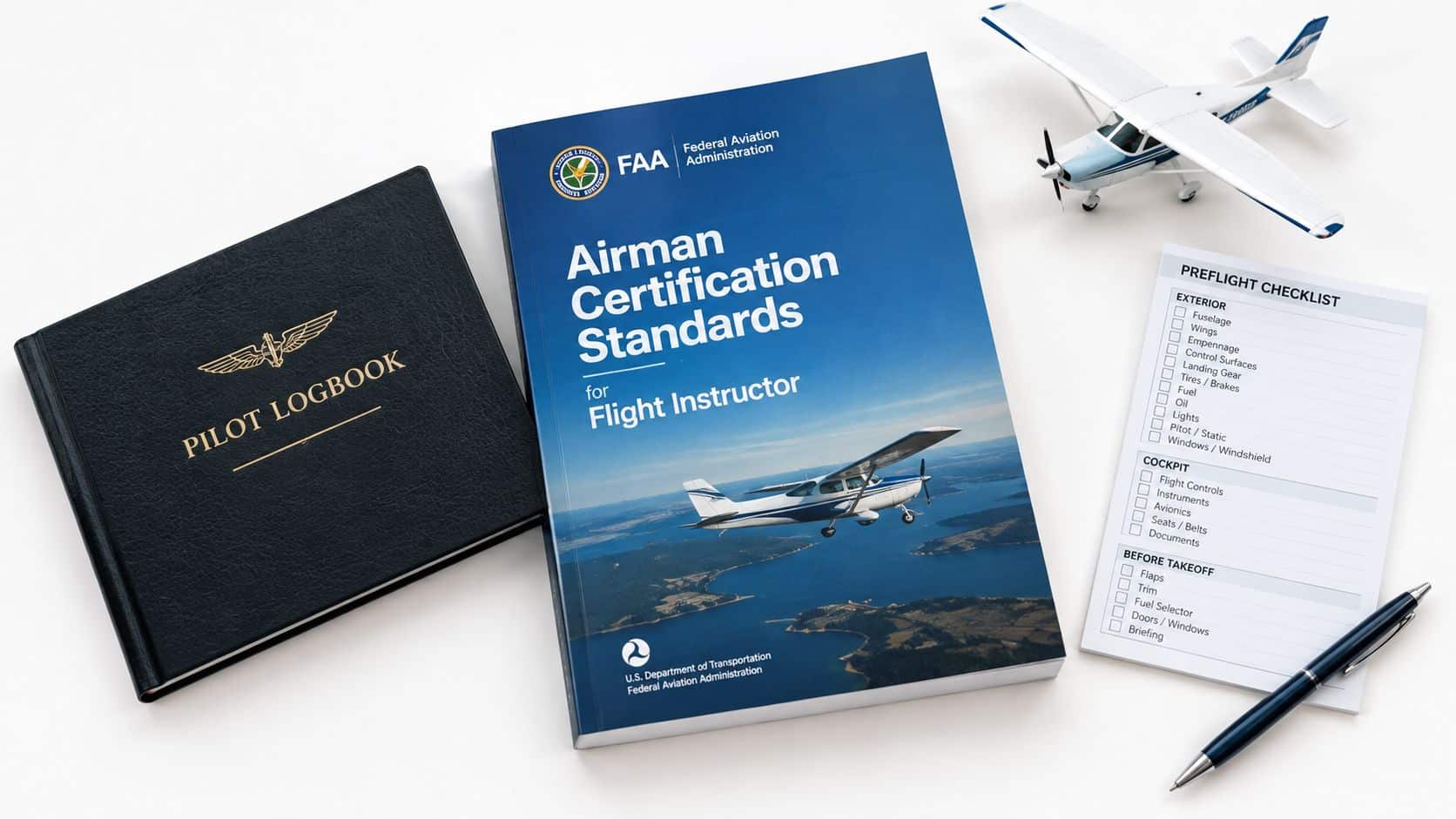 Private Pilot Study Guide That Actually Works 2 A top-down view of a pilot logbook, an FAA Flight Instructor certification book, a toy airplane, and a checklist.