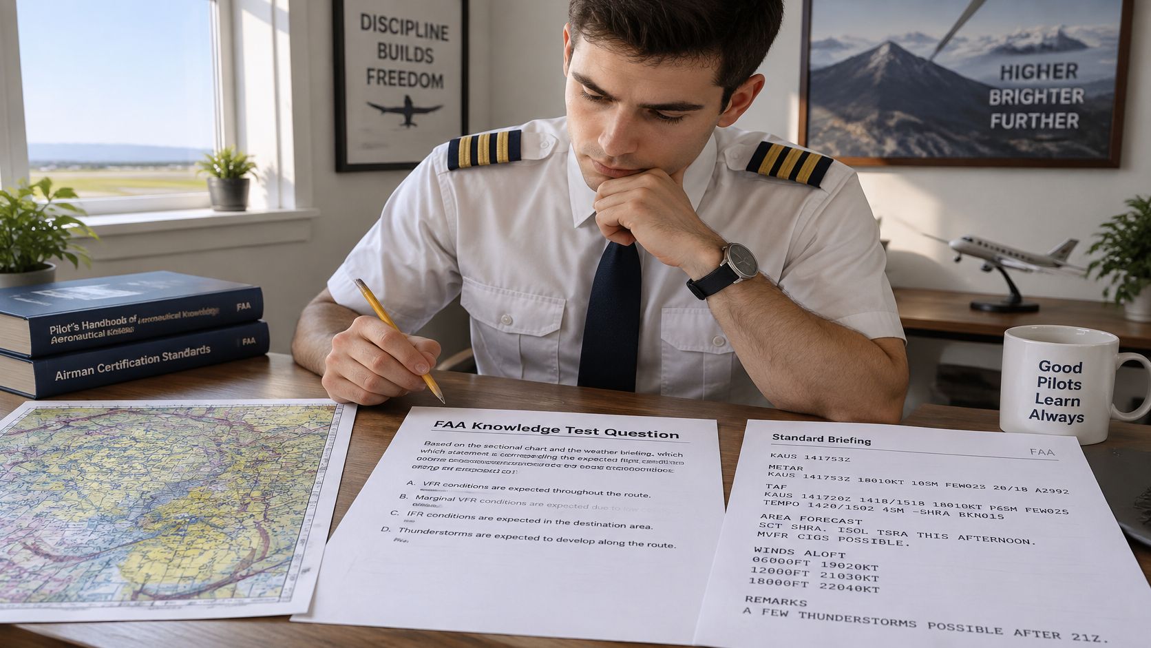 Private Pilot Study Guide That Actually Works 3 A professional pilot studying for an aviation exam with charts, weather briefings, and textbooks at a desk.