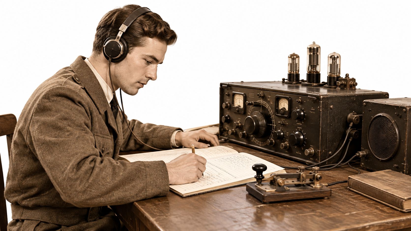 Radio Communication Training for Pilots 2 A World War II soldier wearing headphones writes notes while operating a vintage radio communication device.
