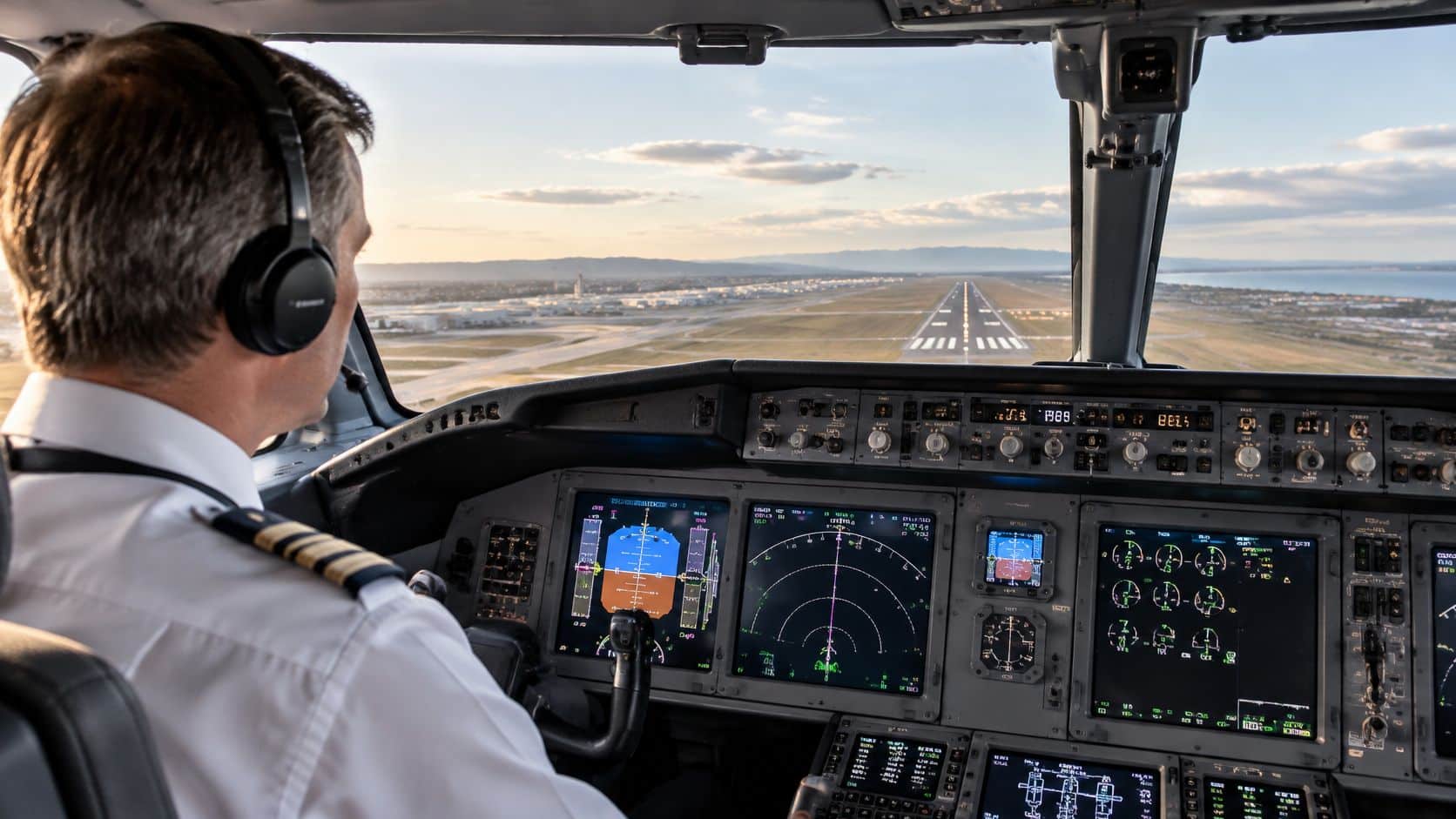Skills Needed for a Pilot: How Training Builds Them 3 A professional airline pilot in uniform operating a commercial airplane cockpit during a final approach for landing.