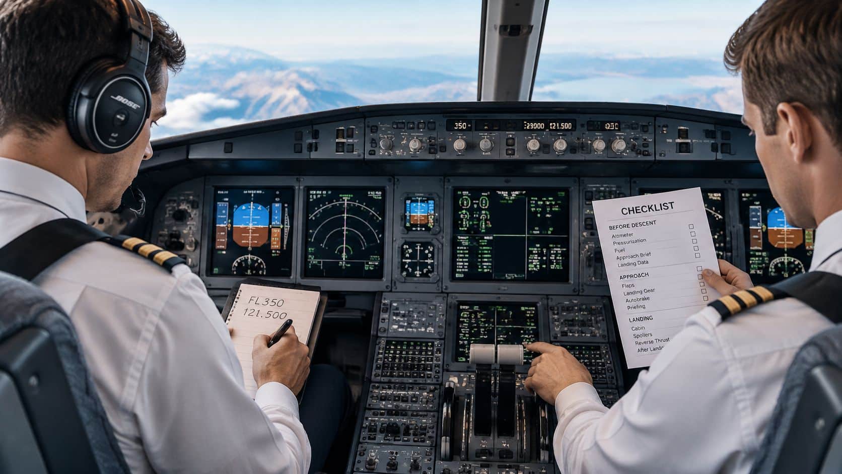 Skills Needed for a Pilot: How Training Builds Them 4 Two airline pilots operating an aircraft cockpit while performing flight checklists during a cruise flight.