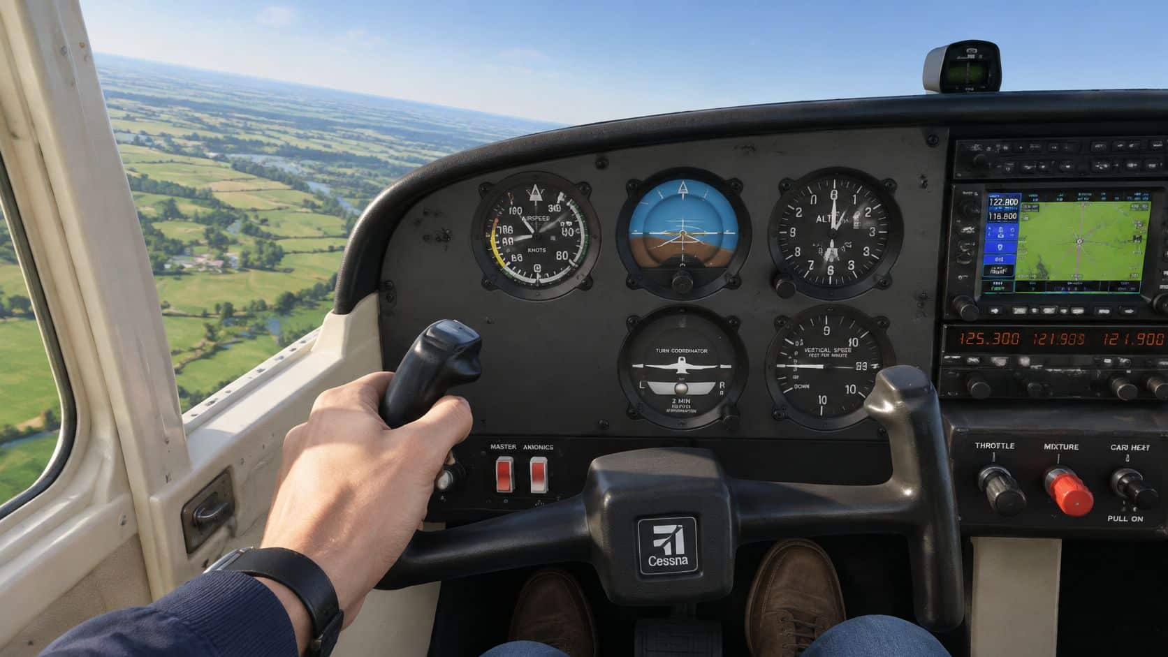 Skills Needed for a Pilot: How Training Builds Them 2 A first-person view from the cockpit of a light aircraft showing flight instruments while flying over landscape.