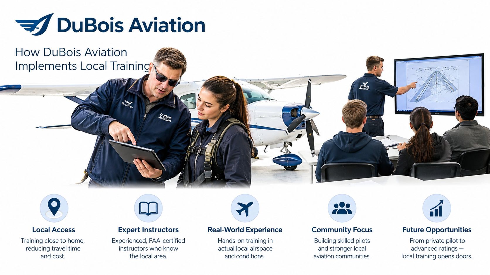 Spatial Disorientation Training for Pilots: A Complete Guide 3 DuBois Aviation instructors conducting hands-on flight training for students using interactive displays and tablet devices.