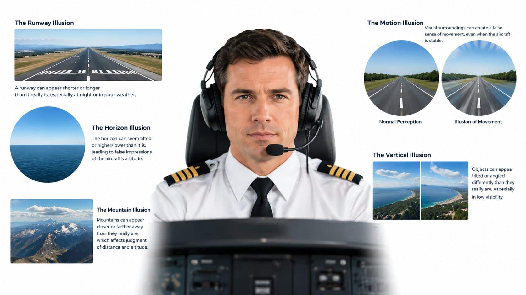 Spatial Disorientation Training for Pilots: A Complete Guide 2 A professional pilot sits in a cockpit surrounded by illustrations explaining common aviation spatial disorientation visual illusions.