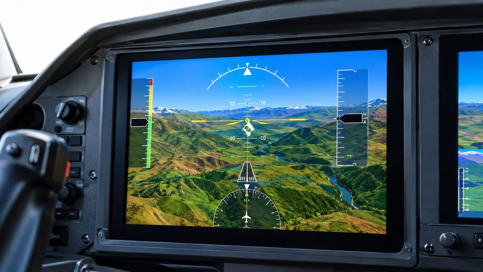 Synthetic Vision Systems Explained for Pilots 3 A view of a synthetic vision system display in an aircraft cockpit showing mountainous terrain.