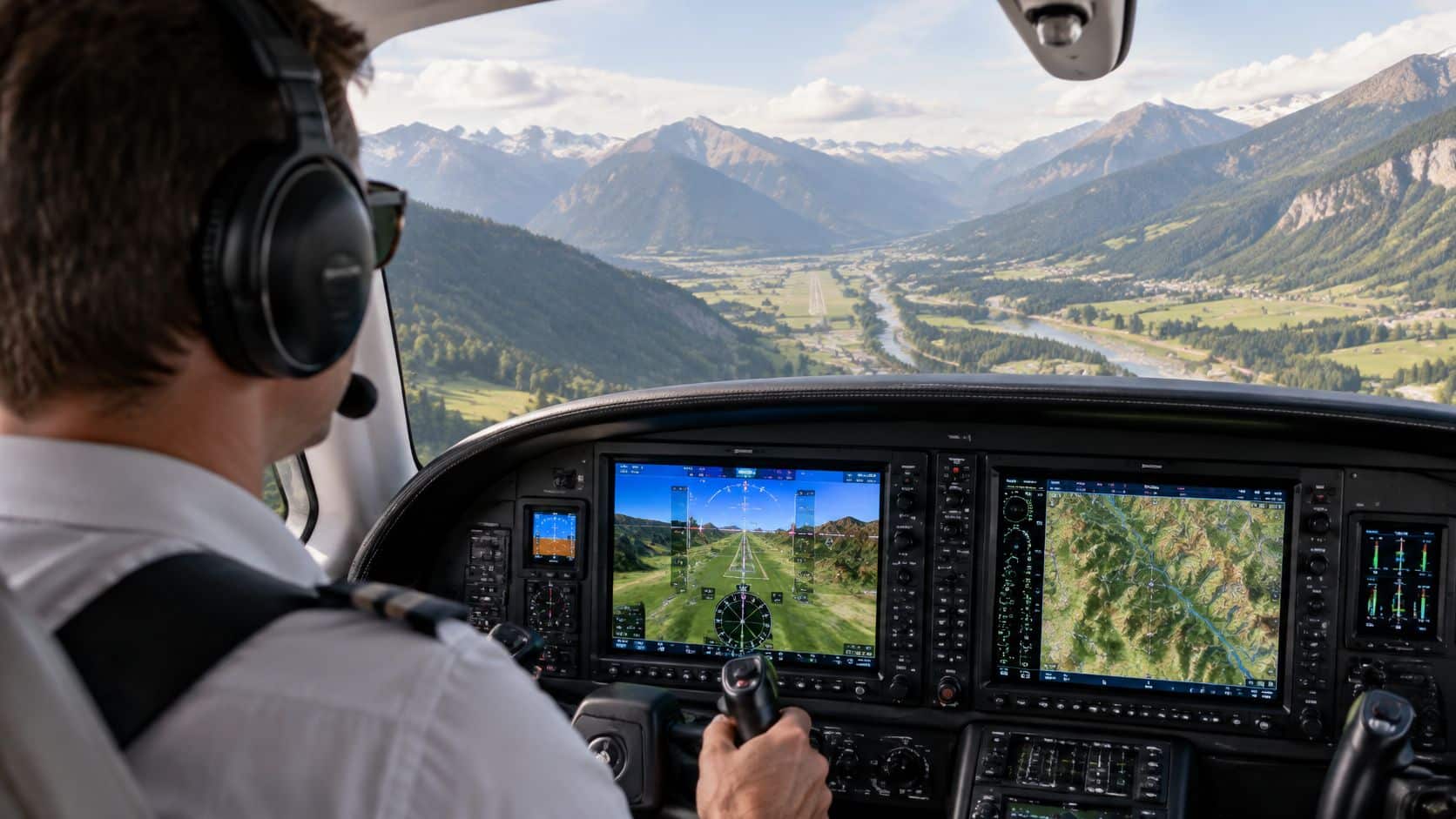 Synthetic Vision Systems Explained for Pilots 2 A pilot wearing a headset views the synthetic vision system display inside a cockpit over mountains.