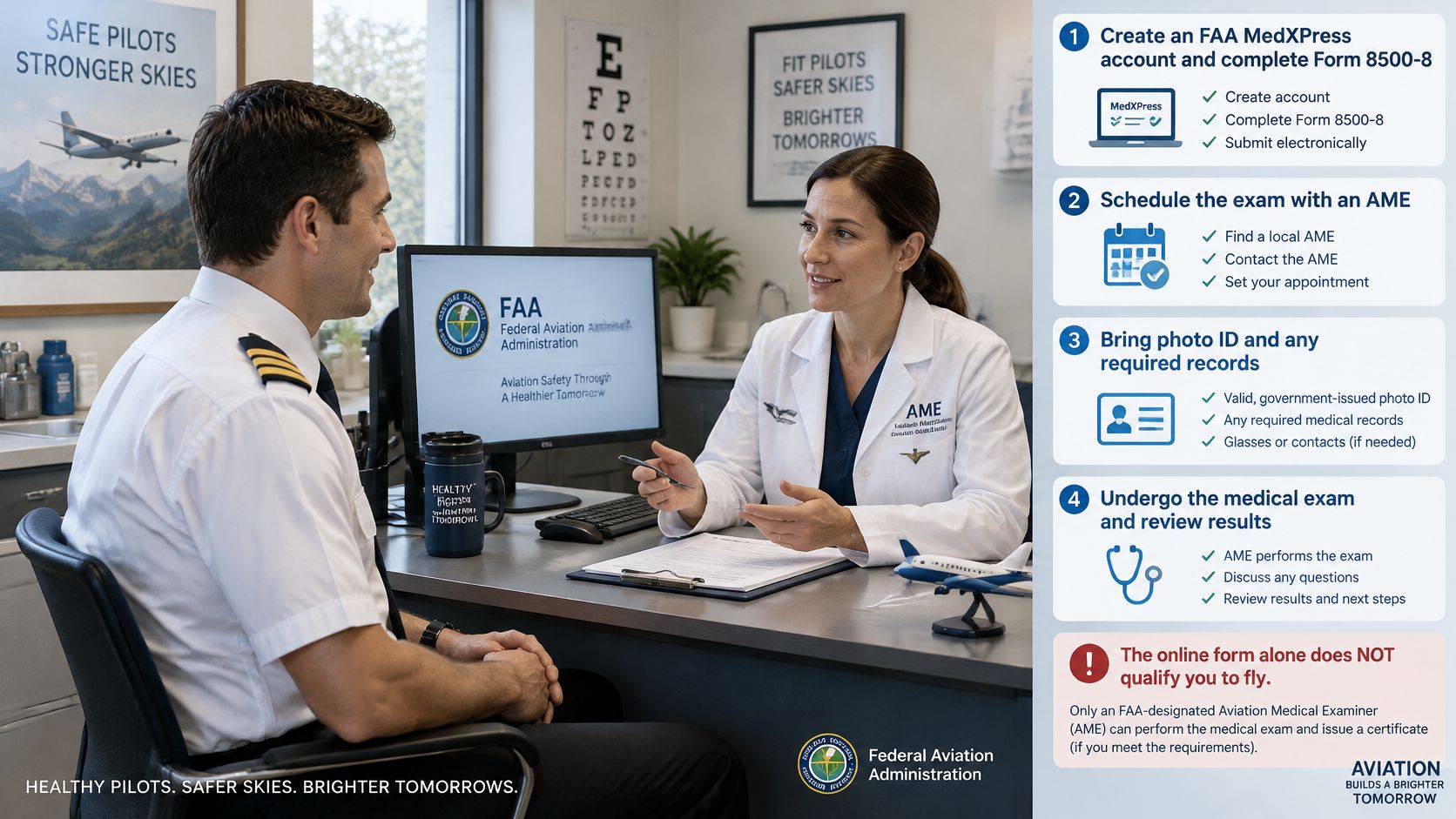 Third Class FAA Medical Certificate: Eligibility Guide 2 A pilot consulting with an aviation medical examiner to learn about the FAA medical certification process steps.
