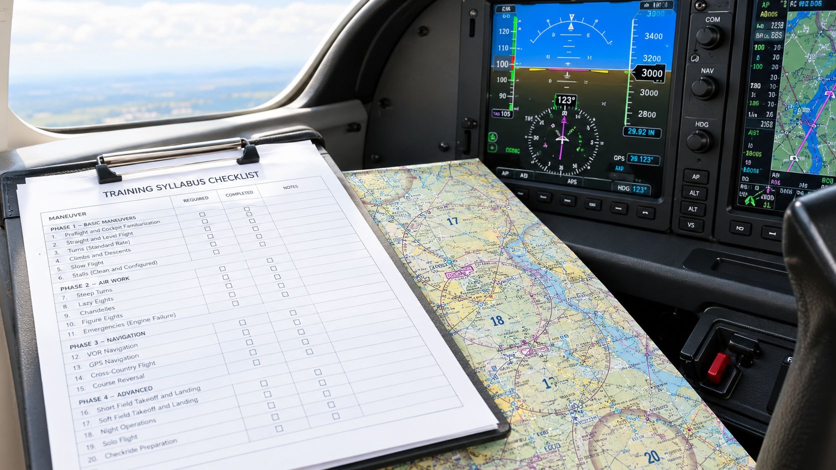 Training for Commercial Pilot: Complete Flight School Guide 2 A training syllabus checklist for flight instruction sits on a map inside a small airplane cockpit.