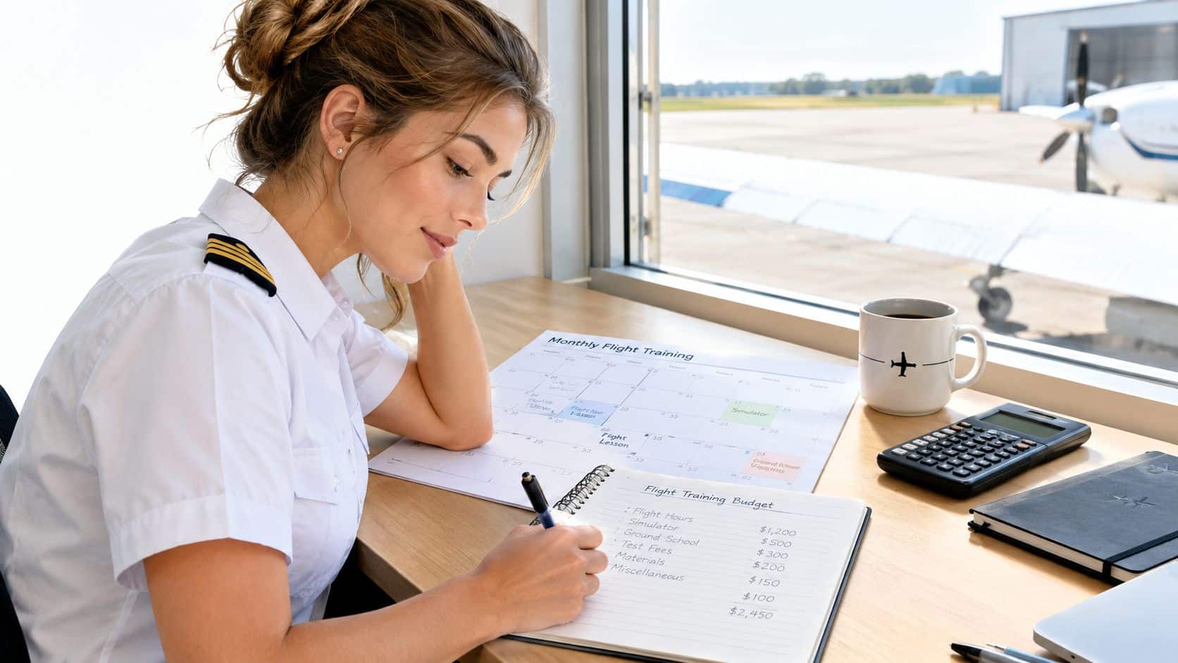 Training for Commercial Pilot: Complete Flight School Guide 3 A female pilot in uniform sitting at a desk reviewing her flight training budget and monthly schedule.